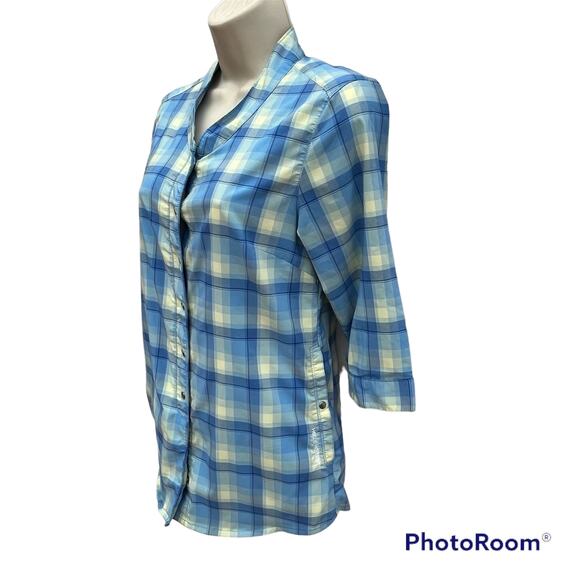 Helly Hansen Blue Plaid Snap Front Shirt 3/4 Sleeve Pockets Womens XS Pockets - Picture 3 of 10